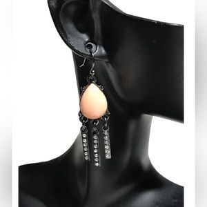 Fun & Classy Dark Silver Tone Drop Earrings with Peach Tear Drop Resin Gem.